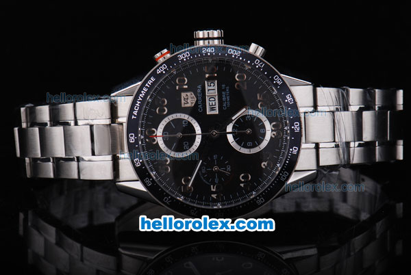 Tag Heuer Carrera Calibre 16 Asia Valjoux 7750 Chronograph with Black Dial and Bezel-Big Calendar - Click Image to Close